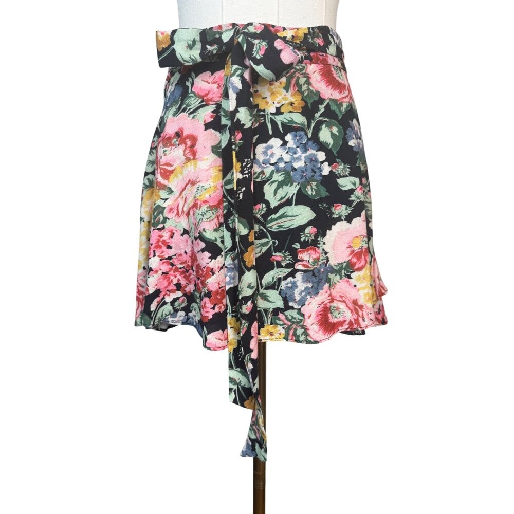 ZARA Medium Floral Skirt Black Floral Multicolor Tie At Waist